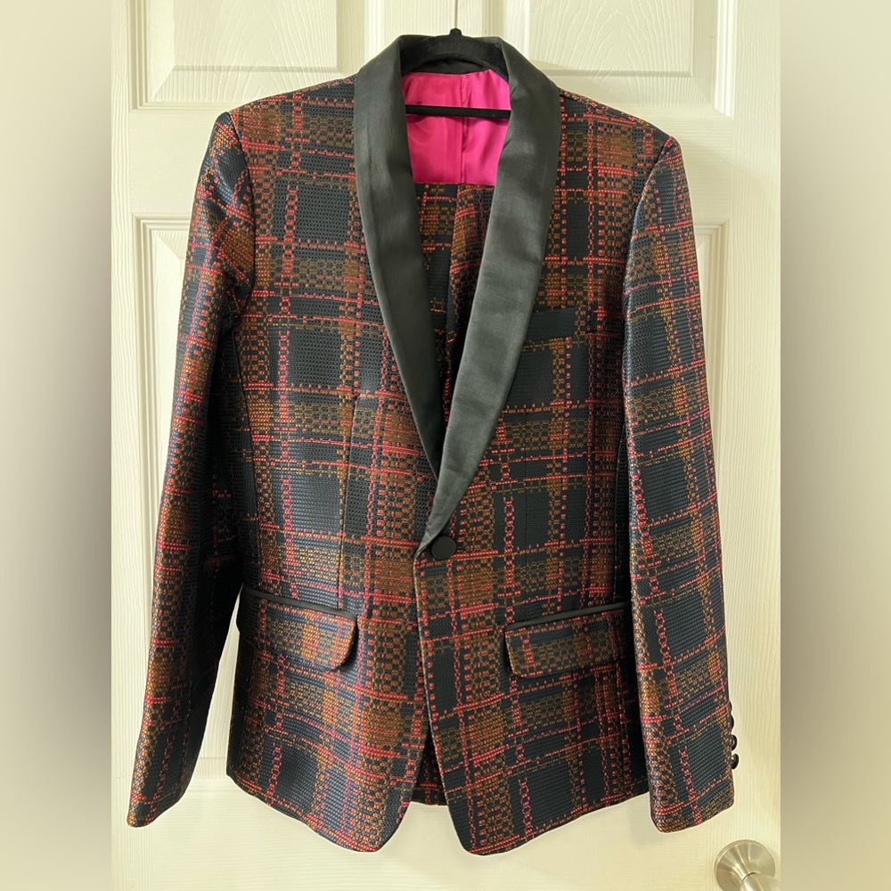 Mr Turk Trina Turk Polished Plaid Jacquard Formal Tux Lapel Suit Size 36R